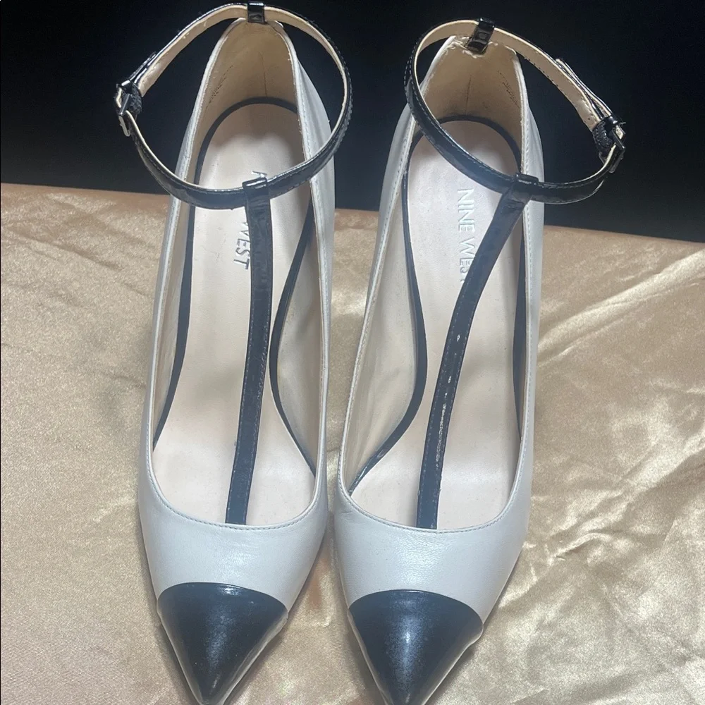 Nine West Two-Tone Pointed Toe Ankle-Strap Pumps in White and Black - Picture 3 of 7